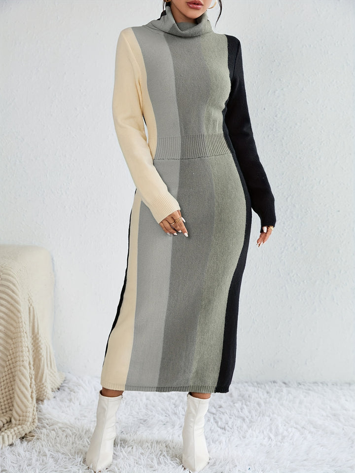 Color Block Rib Knit Dress, Casual High Neck Long Sleeve Midi Dress, Women's Clothing