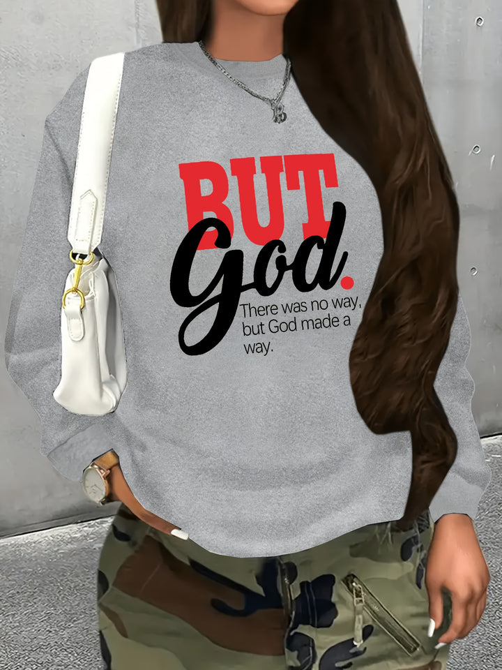 But God Letter Print Sweatshirt, Casual Crew Neck Long Sleeve Sweatshirt, Women's Clothing