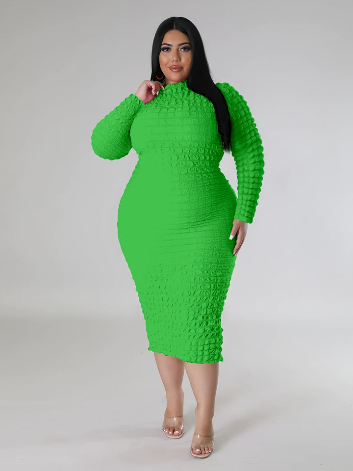 Plus Size Casual Dress, Women's Plus Solid Crinkle Long Sleeve High Neck Slim Fit Midi Dress