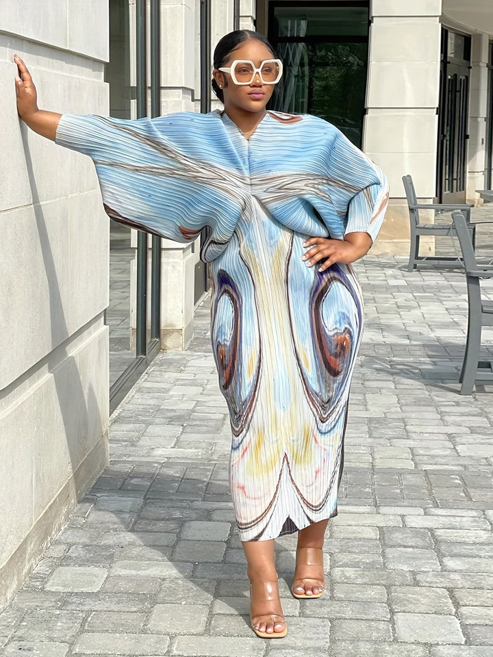 Color Block Batwing Sleeve Dress, Casual V Neck Bodycon Maxi Dress, Women's Clothing