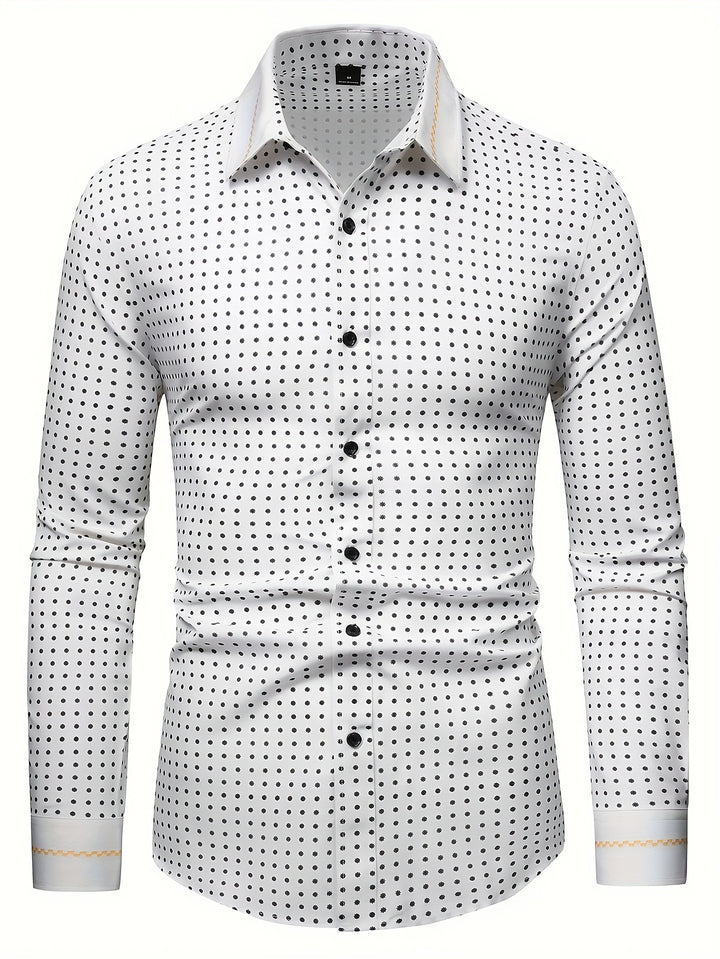 Simple Polka Dots Print Men's Casual Charming Long Sleeve Lapel Shirt For Spring Fall, Gift For Men