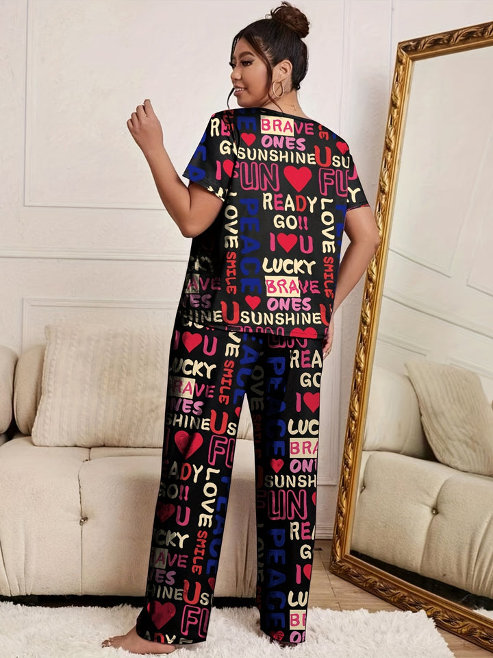 Plus Size Casual Pajama Set, Women's Plus Heart & Letter Print Short Sleeve Round Neck T-shirt & Pants Comfort Pajama Two Piece Set
