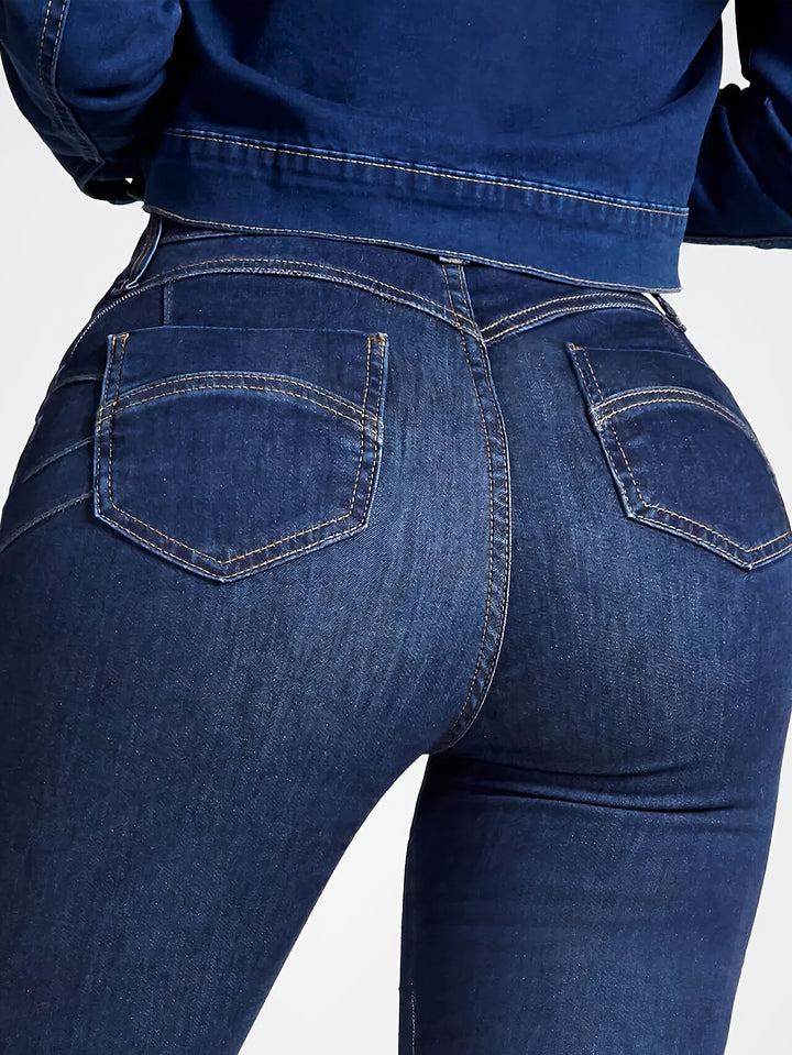 Women's High Waist Stretchy Skinny Leg Jeans, Solid Butt Lifting Denim Pants, Classic Side Patchwork Jeans