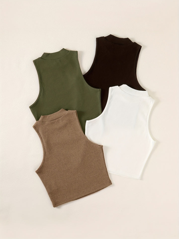Solid Summer 4pcs Tank Tops, Casual Crew Neck Sleeveless Knit Tank Tops, Women's Clothing