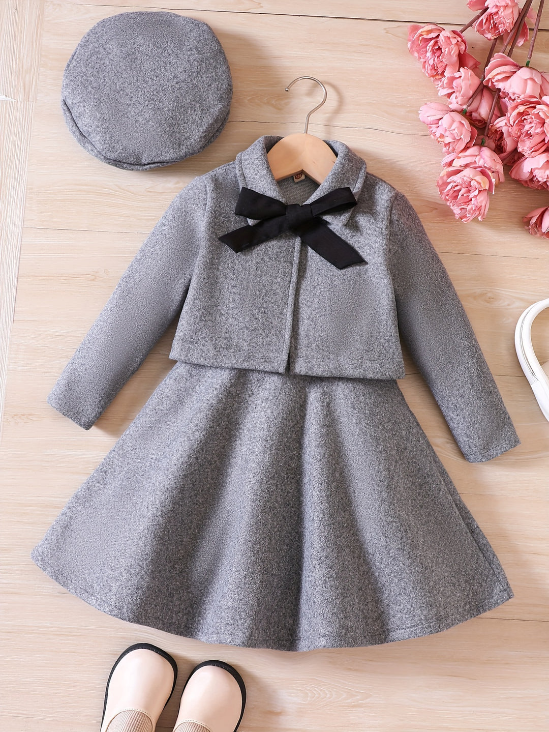 Girl's Elegant Outfit 3pcs, Bowknot Coat & Beret & Tank Dress Set, Kid's Clothes For Spring Autumn Christmas