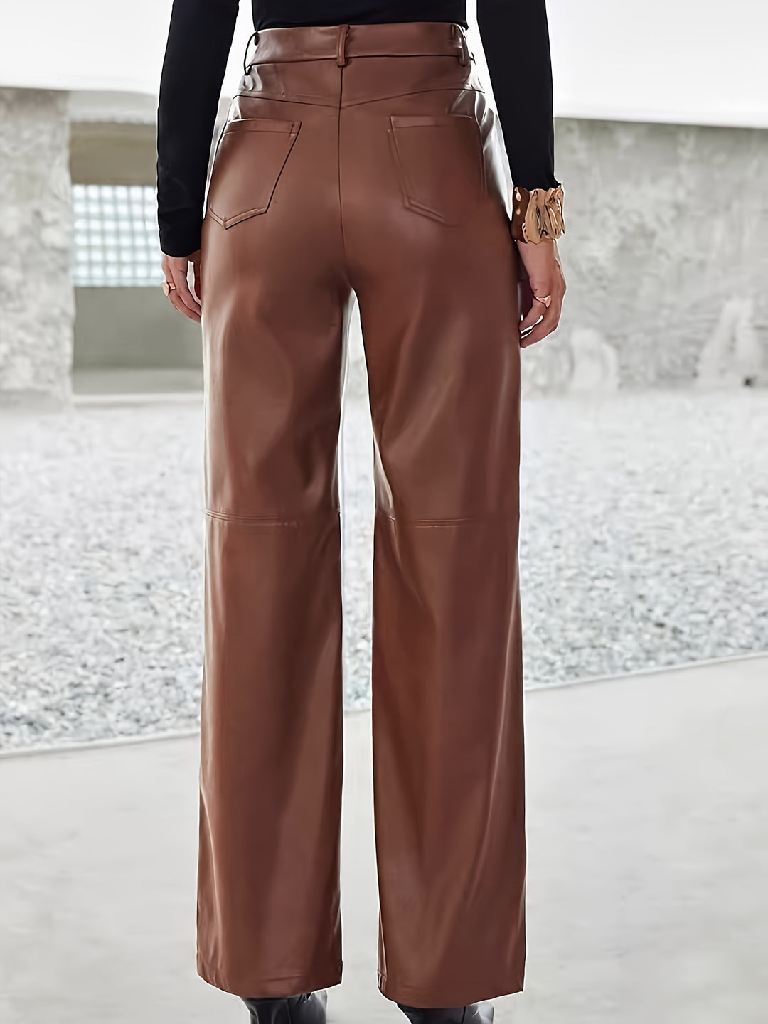 PU Leather Straight Leg Pants, Casual Pocket High Waist Pants, Women's Clothing