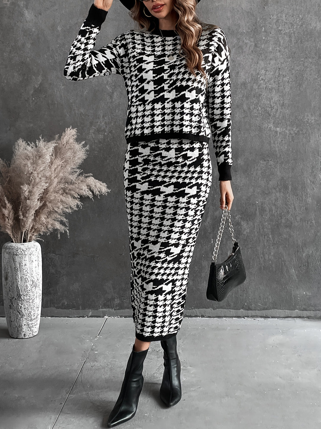 Houndstooth Pattern Knit Two-piece Set, Casual Long Sleeve Sweater & Bodycon Midi Skirt Outfits, Women's Clothing