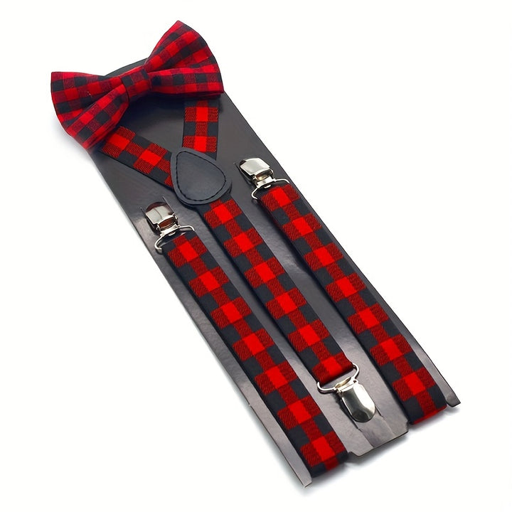 Men's Retro Plaid Suspenders And Bow Tie Set, Adjustable Plaid Suspender, Clothing Accessories, Christmas Party Gifts