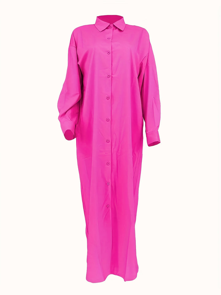 Plus Size Elegant Shirt, Women's Plus Solid Long Sleeve Turn Down Collar Button Up Maxi Shirt Dress