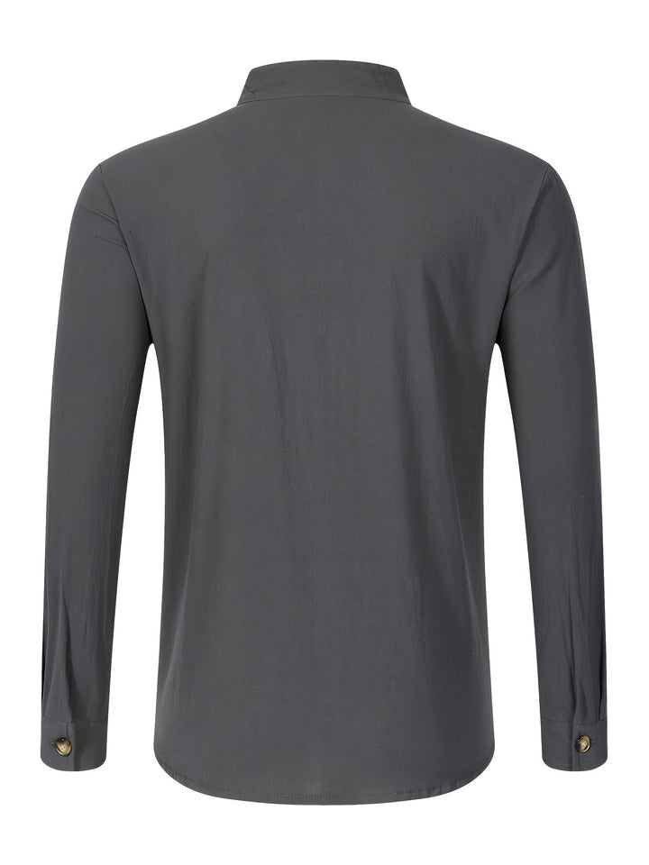 Men's Stylish Solid Shirt, Casual Breathable V Neck Button Up Long Sleeve Comfy Shirt For City Walk Street Hanging Outdoor Activities
