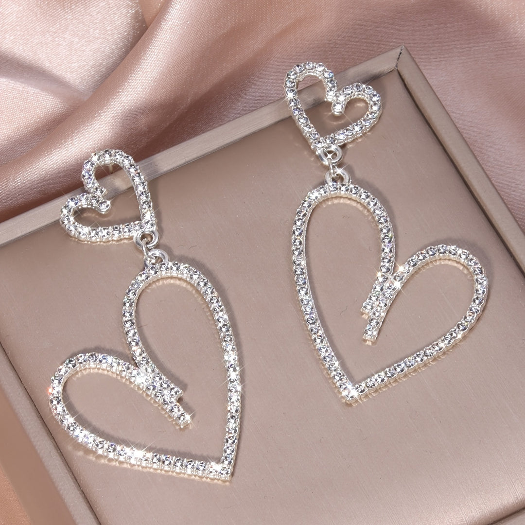 Double Hollow Heart Design Shiny Rhinestone Inlaid Dangle Earrings Simple Luxury Style Delicate Gift For Lovers