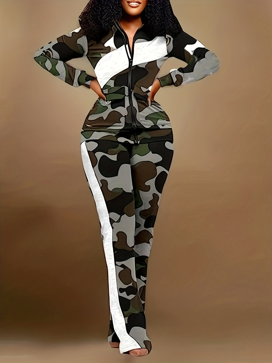 Plus Size Casual Outfits Set, Women's Plus Colorblock Camo Zip Up Long Sleeve Mock Neck Coat & Elastic Pants Outfits Two Piece Set