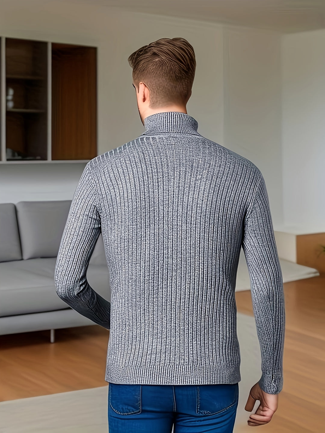 Men's Trendy Knitted Sweater, Casual Mid Stretch Breathable Turtle Neck Top For Outdoor Fall Winter