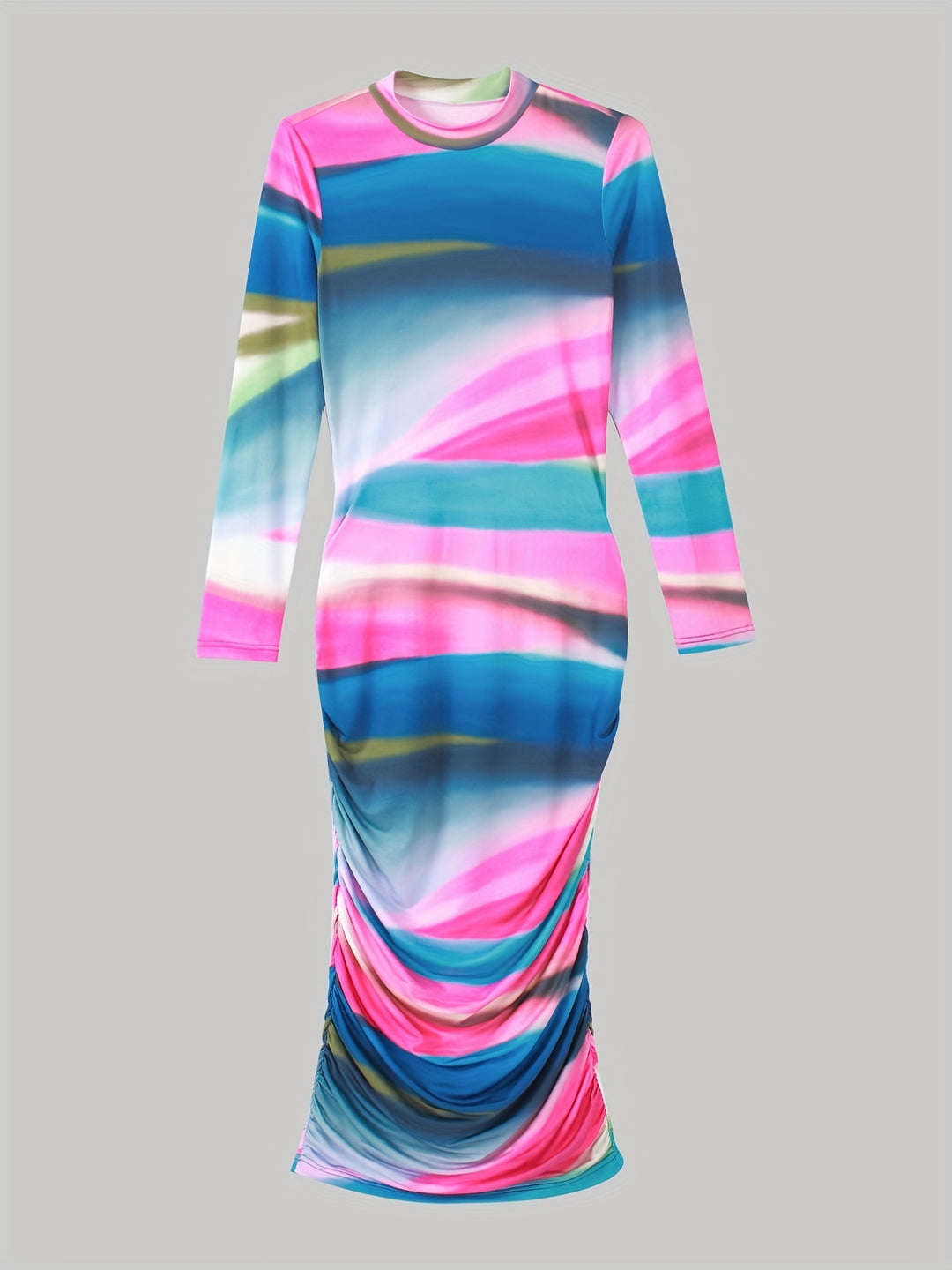 Color Block Draped Dress, Casual Long Sleeve Bodycon Maxi Dress, Women's Clothing