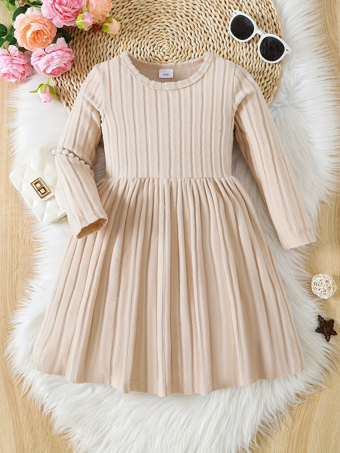 Girls Solid Color Dress Simple And Versatile Round Neck Long Sleeve Dress