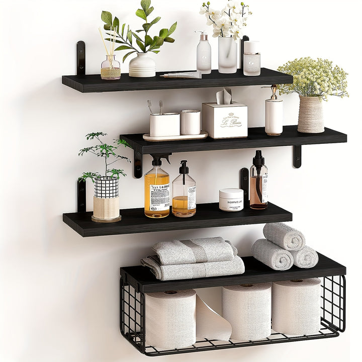 4 + 1 Layer Bathroom Shelf, Floating Shelf With Simple Wooden Wall-mounted Shelf, Toilet With Metal Wire Storage Basket Above, Kitchen, Living Room And Plant Farmhouse Wall Decoration