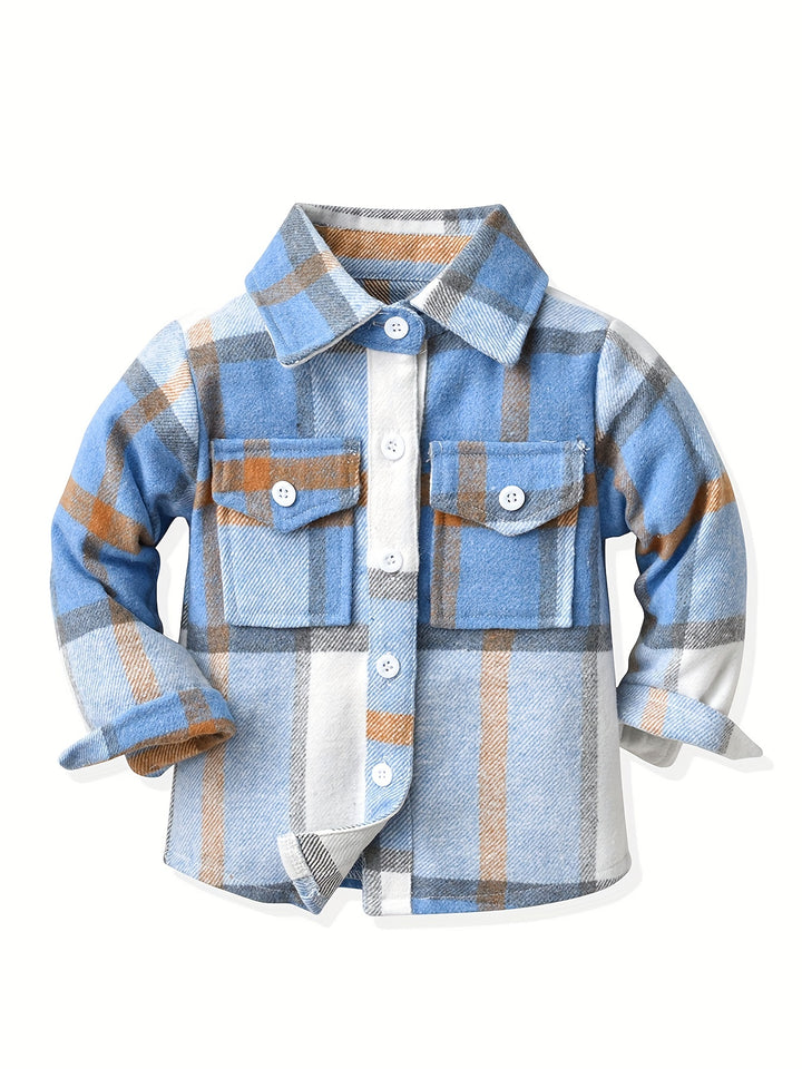 Little Kids Plaid Jacket Stitching Color Long Sleeve Button Down Flannel Preppy Shirt Autumn Coat Outwear For Kid