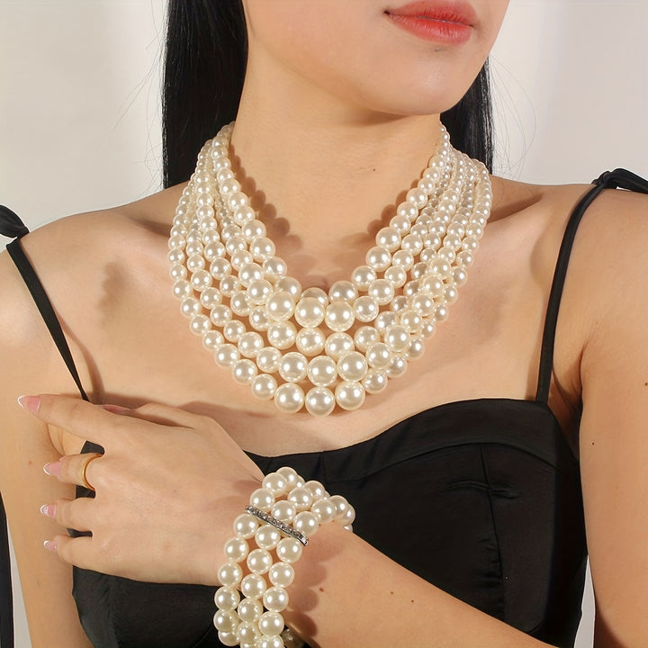 Women's Multilayer Exaggerated ABS Pearl Handmade Beaded Necklace Bracelet Earrings Jewelry Set