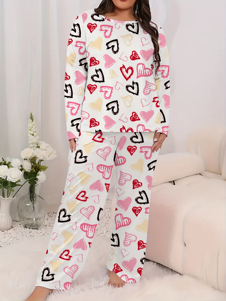 Women's Valentine's Day Cute Pajamas Set, Plus Size Heart Print Short Sleeve Round Neck Tee & Pants Lounge 2 Piece Set