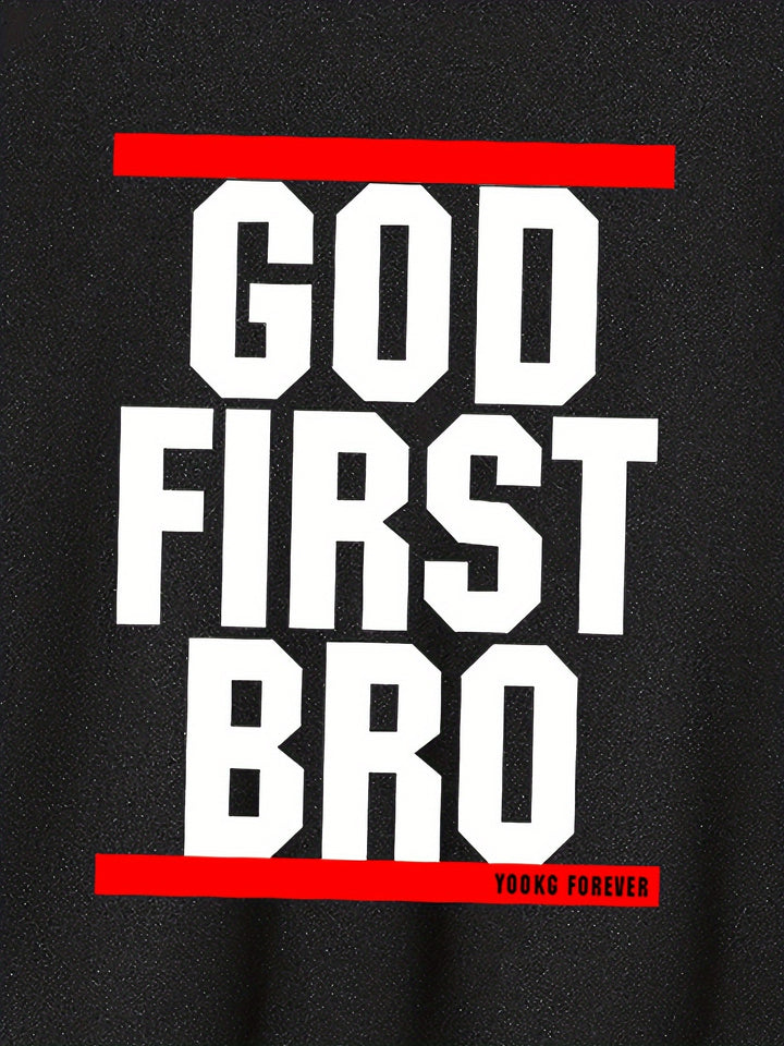 2pcs "God First Bro" Print Fleece Outfit For Boys, Warm Hoodie & Pants Set, Trendy Hooded Long Sleeve Top, Kid's Clothes For Fall Winter, As Gift