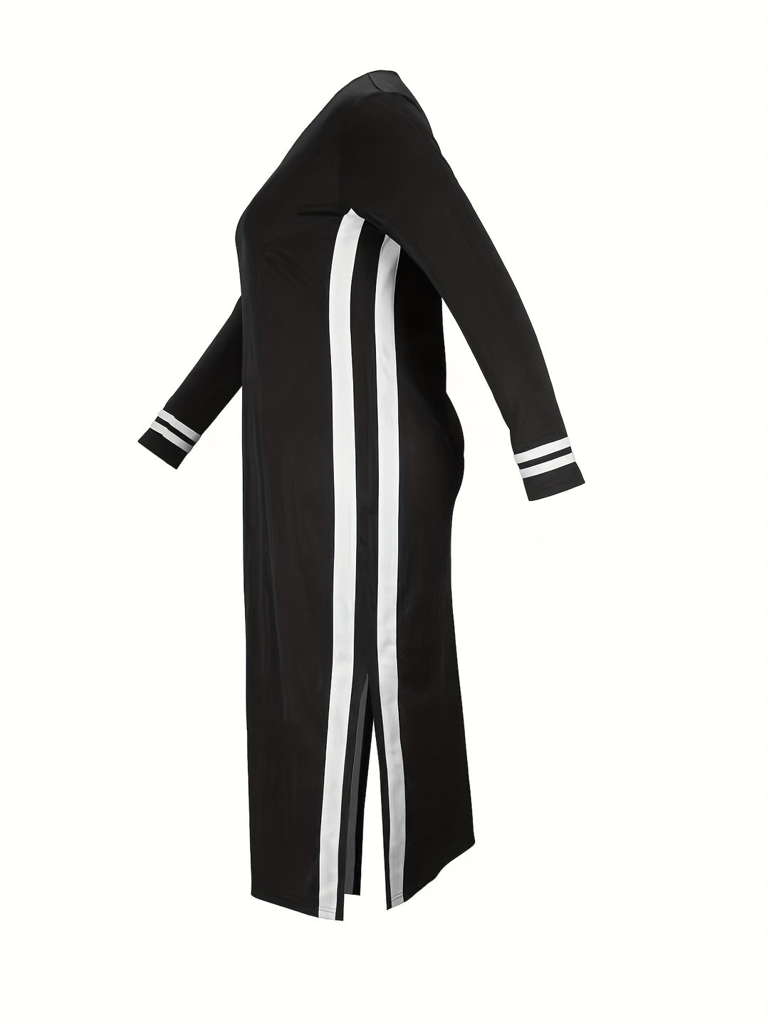 Stylish Plus Size Dress for Women - Cross Letter & Stripe Print Long Sleeve Split Dress