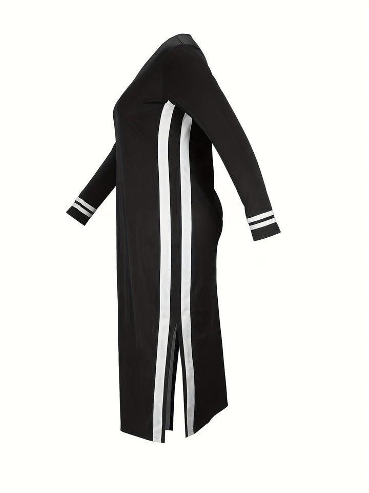 Stylish Plus Size Dress for Women - Cross Letter & Stripe Print Long Sleeve Split Dress