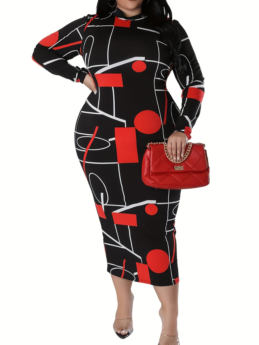 Plus Size Casual Dress, Women's Plus Geometric Print Long Sleeve Mock Neck Slim Fit Dress