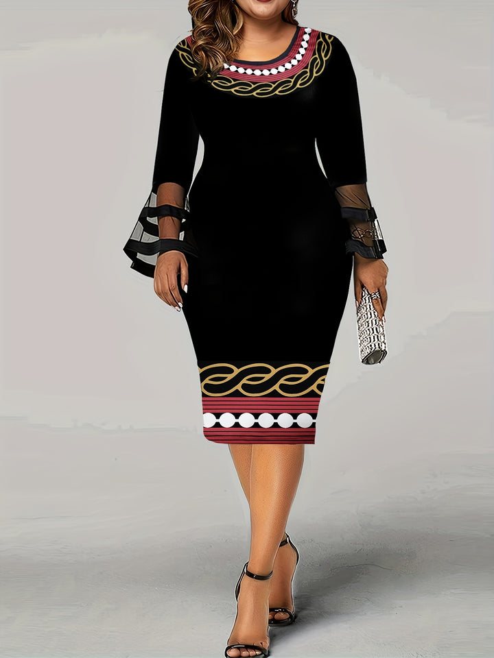 Plus Size Casual Dress, Women's Plus Colorblock Geometric Print Contrast Mesh Bell Sleeve Round Neck Medium Stretch Slim Fit Midi Dress
