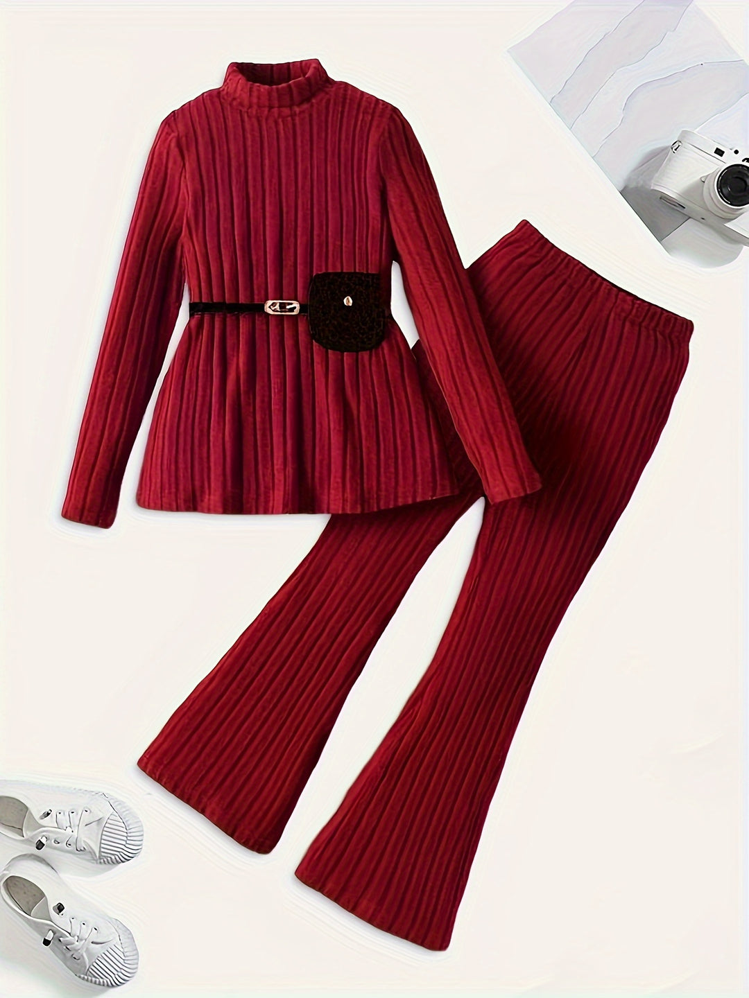 2pcc, Solid Ribbed Long Sleeve Top + Flare Pants Set Comfy Outfits For Girls Spring Fall Winter Christmas Gift