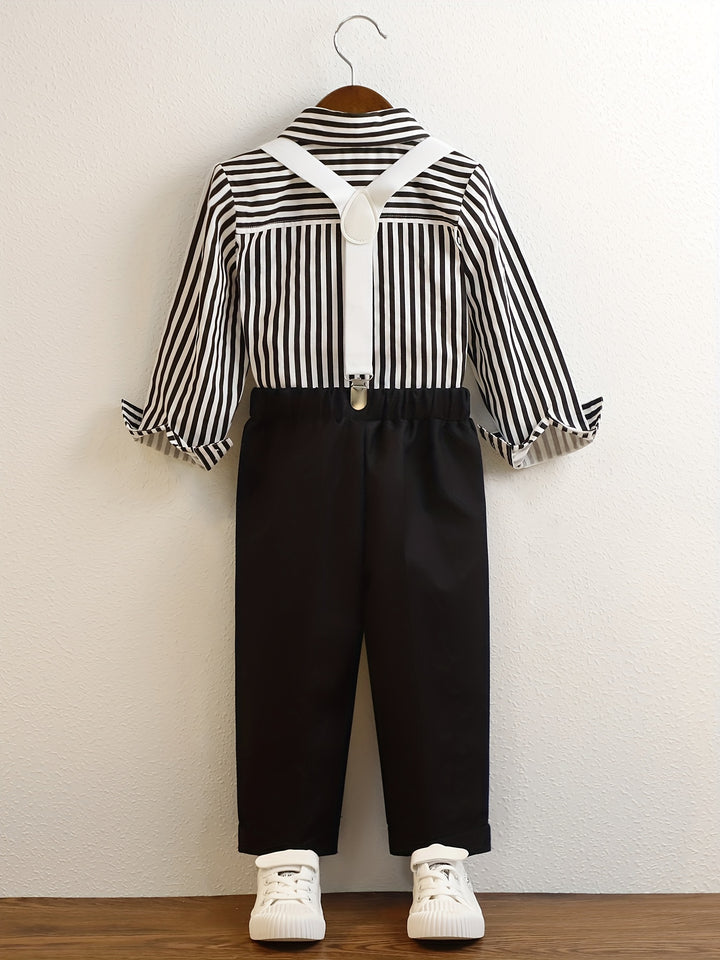 Boy's Gentleman 2pcs, Stripe Pattern Bowtie Shirt & Overalls Set, Color Clash Casual Outfits For Speech Performance Birthday Party, Kids Clothes For Spring Fall