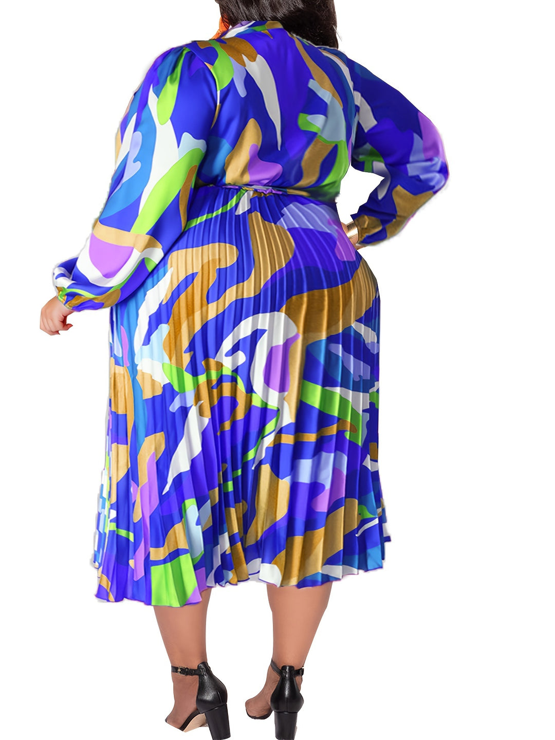 Elegant Plus Size Maxi Dress with Tie Neck, Abstract Print & Lantern Sleeves