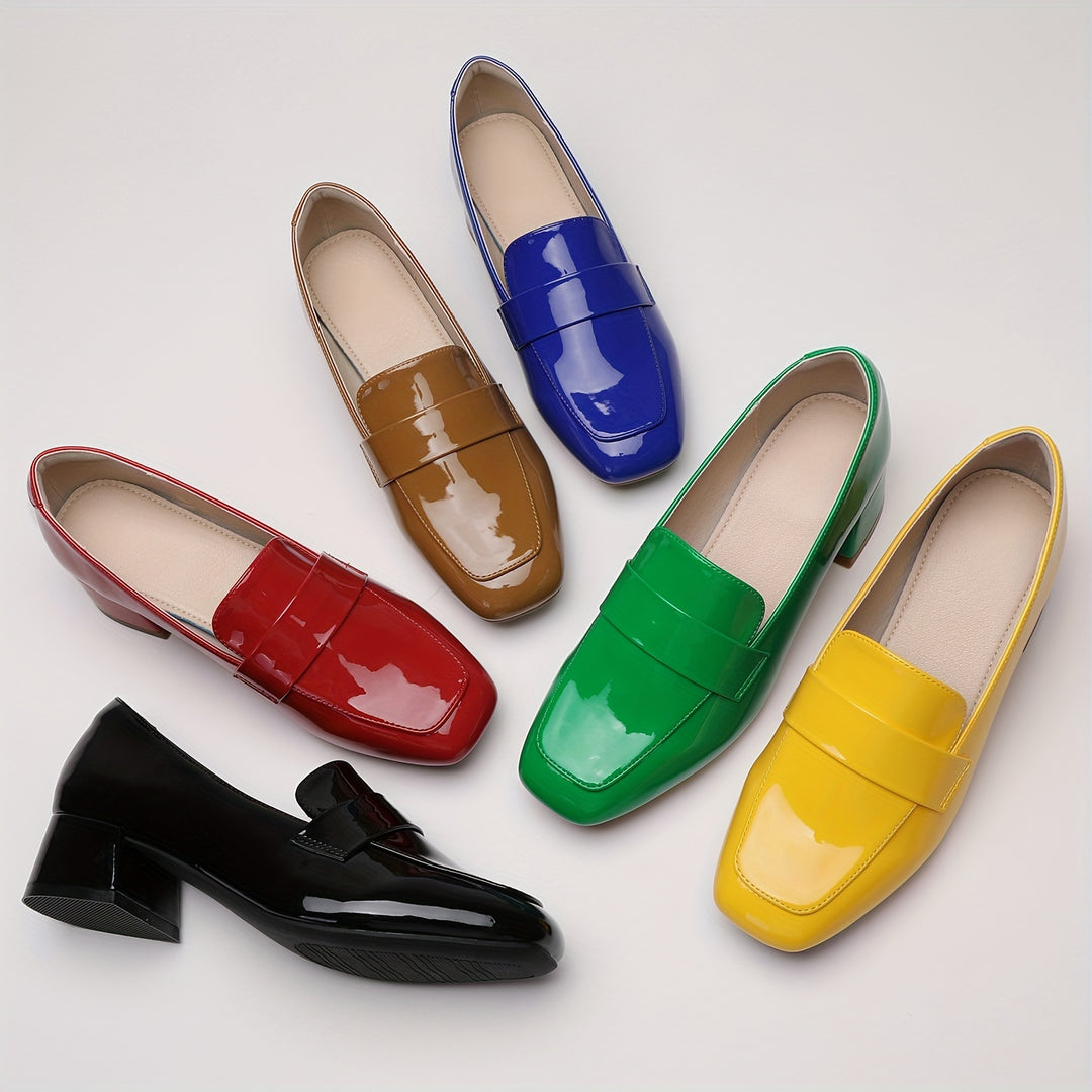 Women's Chunky Heeled Loafers, Solid Color Square Toe Patent Leather Pumps, All-Match Slip On Shoes