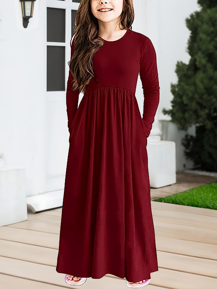 Solid Long Sleeve Pockets Maxi Dress For Girls Comfy Fit Kids Elegant Casual Dresses For Spring/ Fall