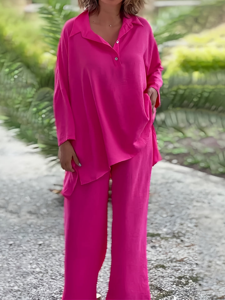 Plus Size Casual Outfits Set, Women's Plus Solid Long Sleeve Button Up Lapel Collar Loose Fit Shirt Top & Pants Outfits Two Piece Set