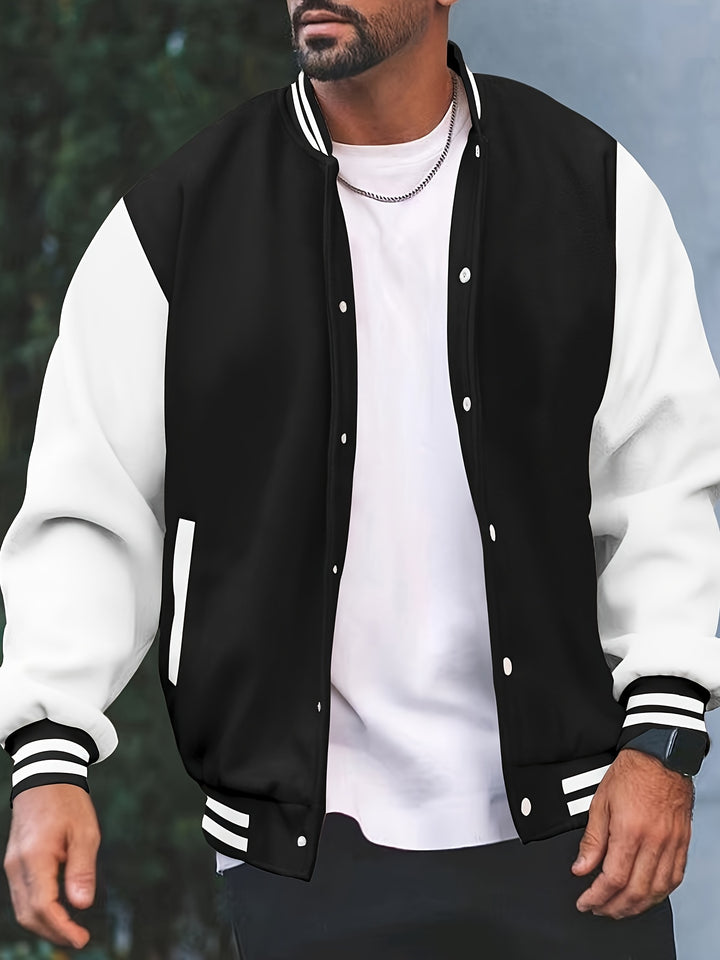 Warm Fleece Varsity Jacket, Men's Casual Color Block Button Up Jacket For Fall Winter School