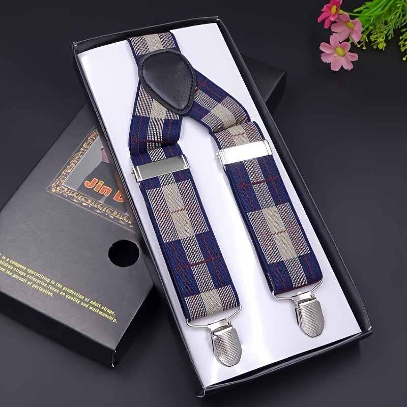 Men's Plaid Three-clip Suspenders, Trousers Elastic Suspenders, For Boyfriend And Husband Gifts