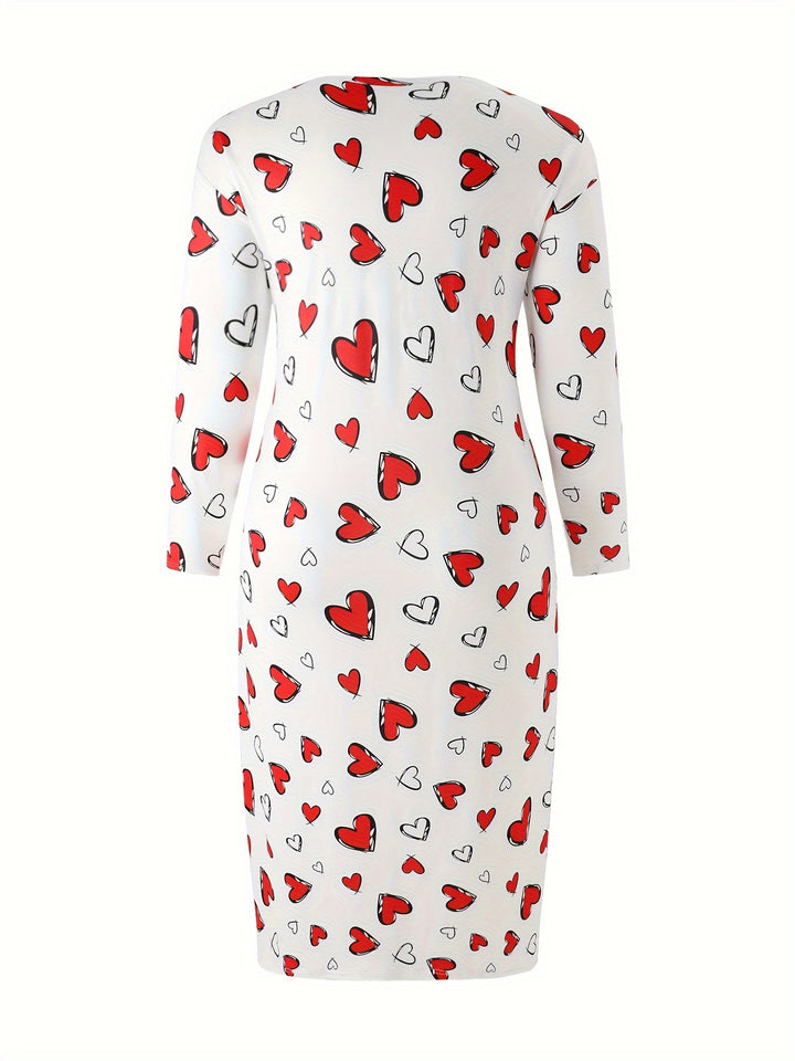 Women's Valentine's Day Casual Lounge Dress, Plus Size Heart Print Long Sleeve Round Neck Sleep Dress