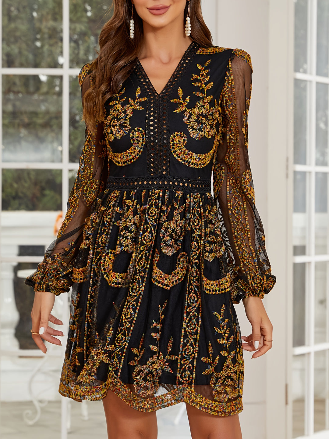 Plus Size Elegant Dress, Women's Plus Floral Print Contrast Lace Trim Mesh Lantern Sleeve V Neck Nipped Waist Dress