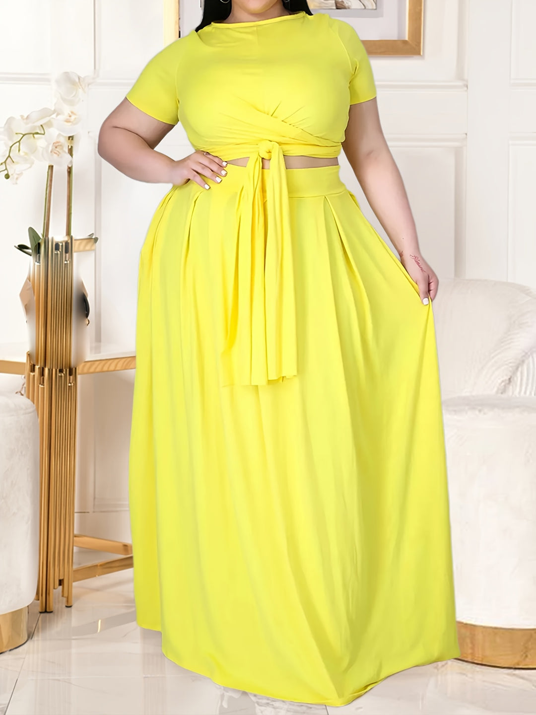 Plus Size Casual Outfits Set, Women's Plus Plain Short Sleeve Crop Top Side Knot & Maxi Skirt Outfits Two Piece Set