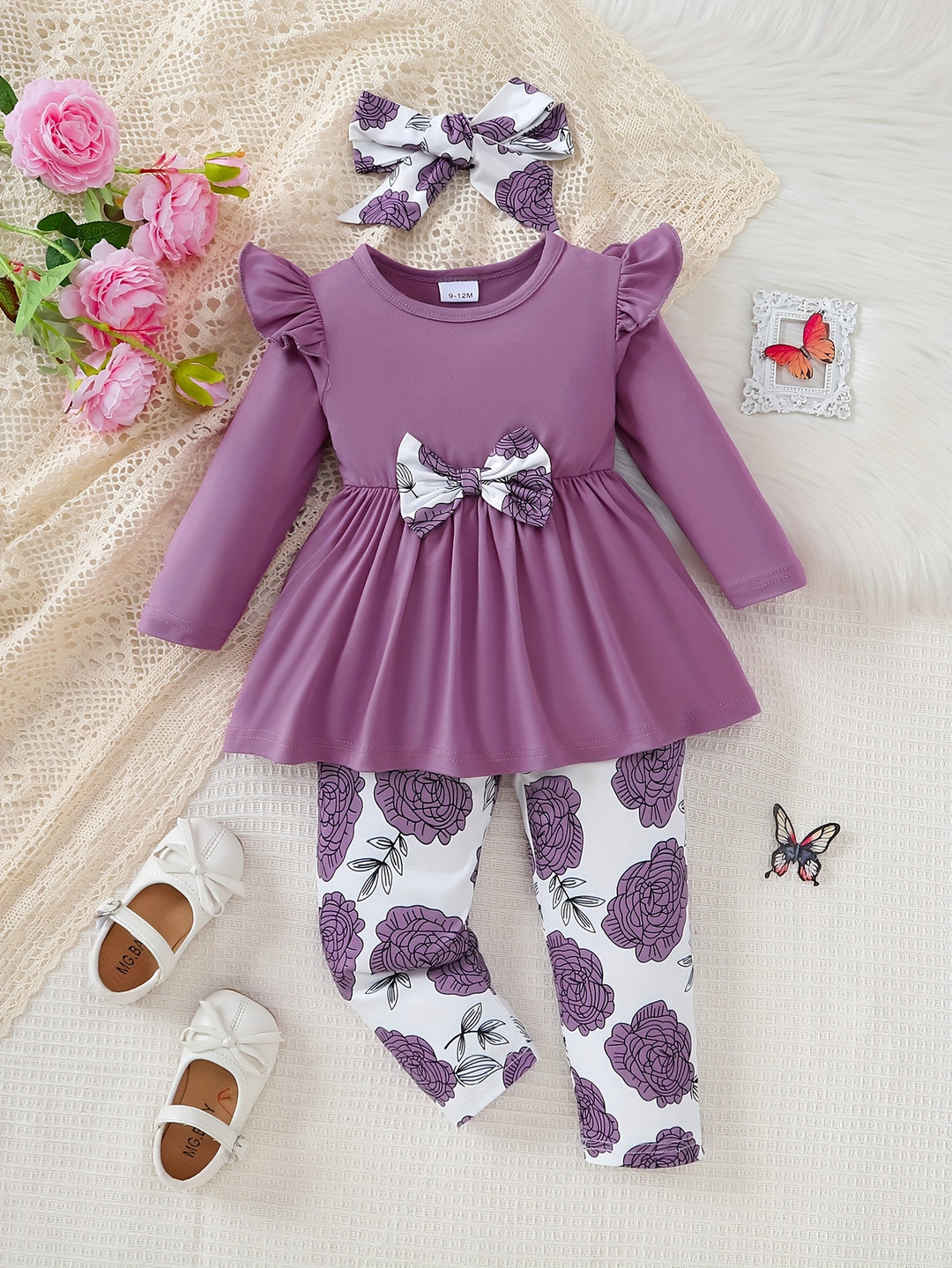 Casual Girl's Cute 3pcs Outfits, Toddler's Long-sleeved Flutter Sleeve Bow Dres Top + Flower Print Pants + Headscarf Set