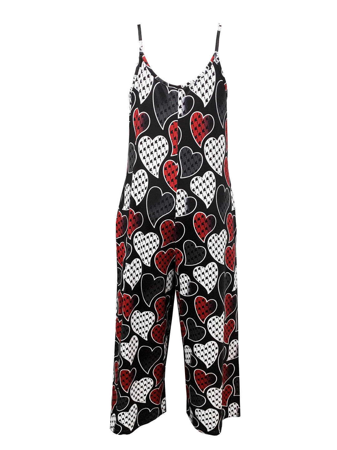 Women's Valentine's Day Jumpsuit, Plus Size Heart Print Round Neck Wide Leg Cami Jumpsuit With Pockets