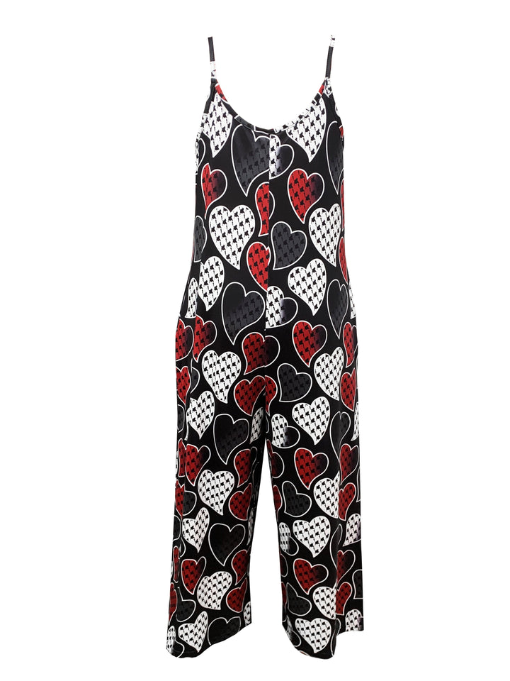 Women's Valentine's Day Jumpsuit, Plus Size Heart Print Round Neck Wide Leg Cami Jumpsuit With Pockets