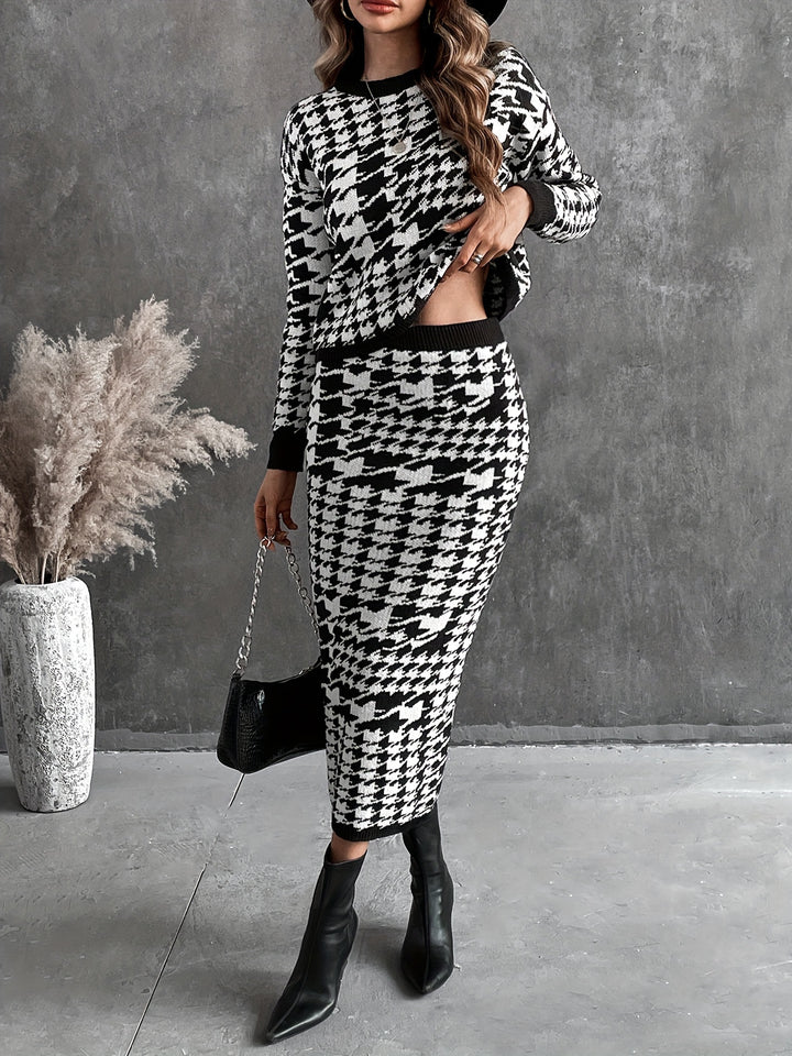 Houndstooth Pattern Knit Two-piece Set, Casual Long Sleeve Sweater & Bodycon Midi Skirt Outfits, Women's Clothing