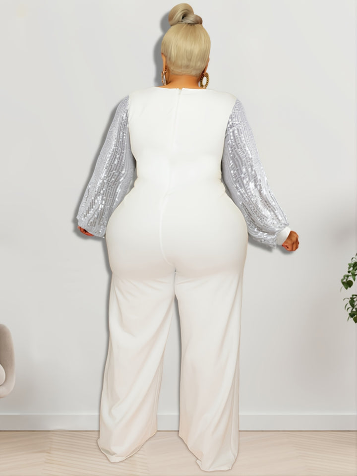 Plus Size Contrast Sequin Long Sleeve Wide Leg Jumpsuit, Women's Plus High Stretch Elegant Party Jumpsuit
