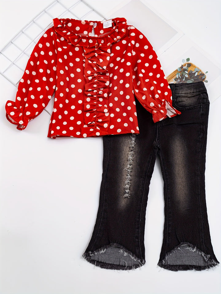 Elegant Girls 2pc Polka Dot Print Pullover + Ripped Flare Jeans Kids Clothes