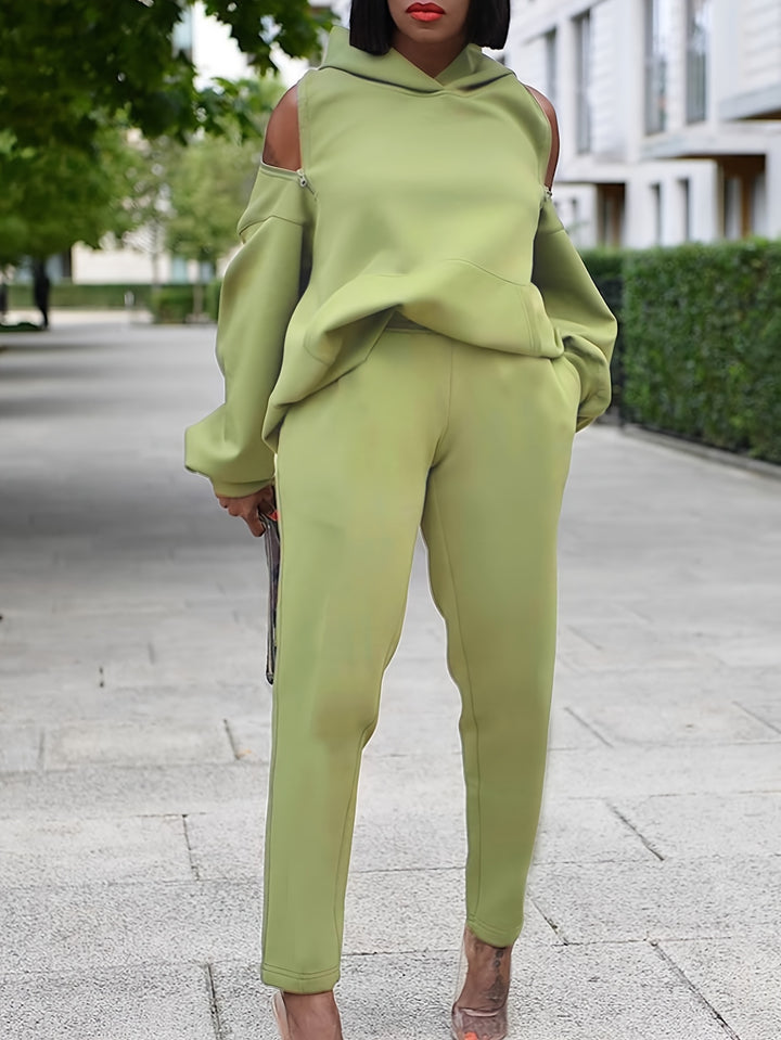 Plus Size Zipper Back Solid Hoodie Sweatshirt & Sweatpants Set, Women's Plus High Stretch 2pcs Set Outfits