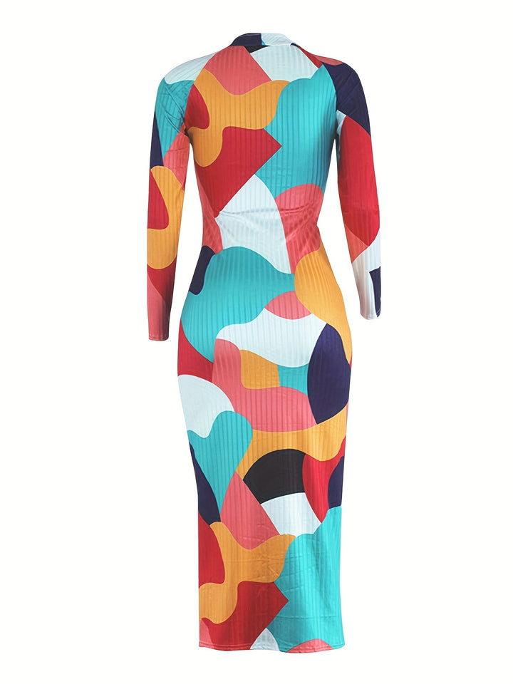 Flattering Plus Size Knit Dress with Abstract Print and Cross Neck Detail