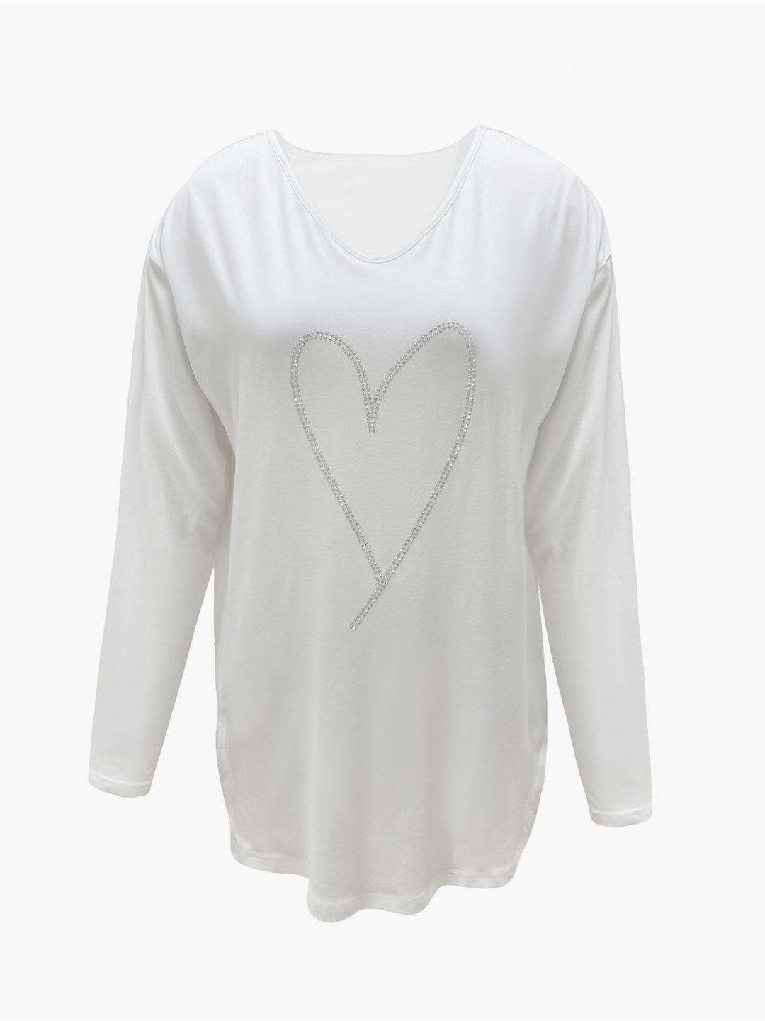 Rhinestone Heart Pattern V Neck T-Shirt, Casual Long Sleeve T-Shirt For Spring & Fall, Women's Clothing