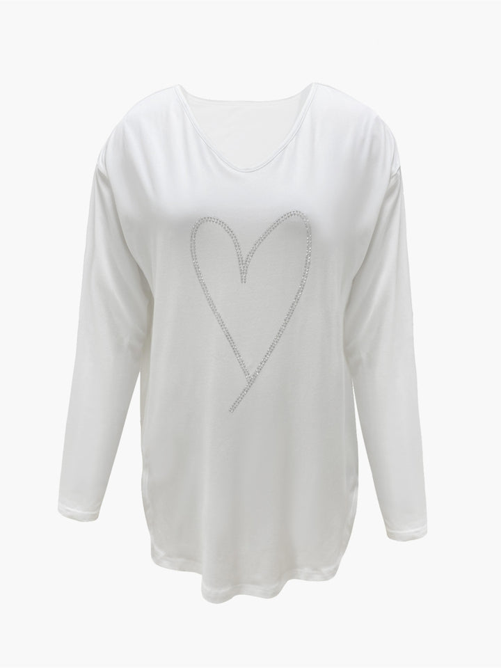 Rhinestone Heart Pattern V Neck T-Shirt, Casual Long Sleeve T-Shirt For Spring & Fall, Women's Clothing