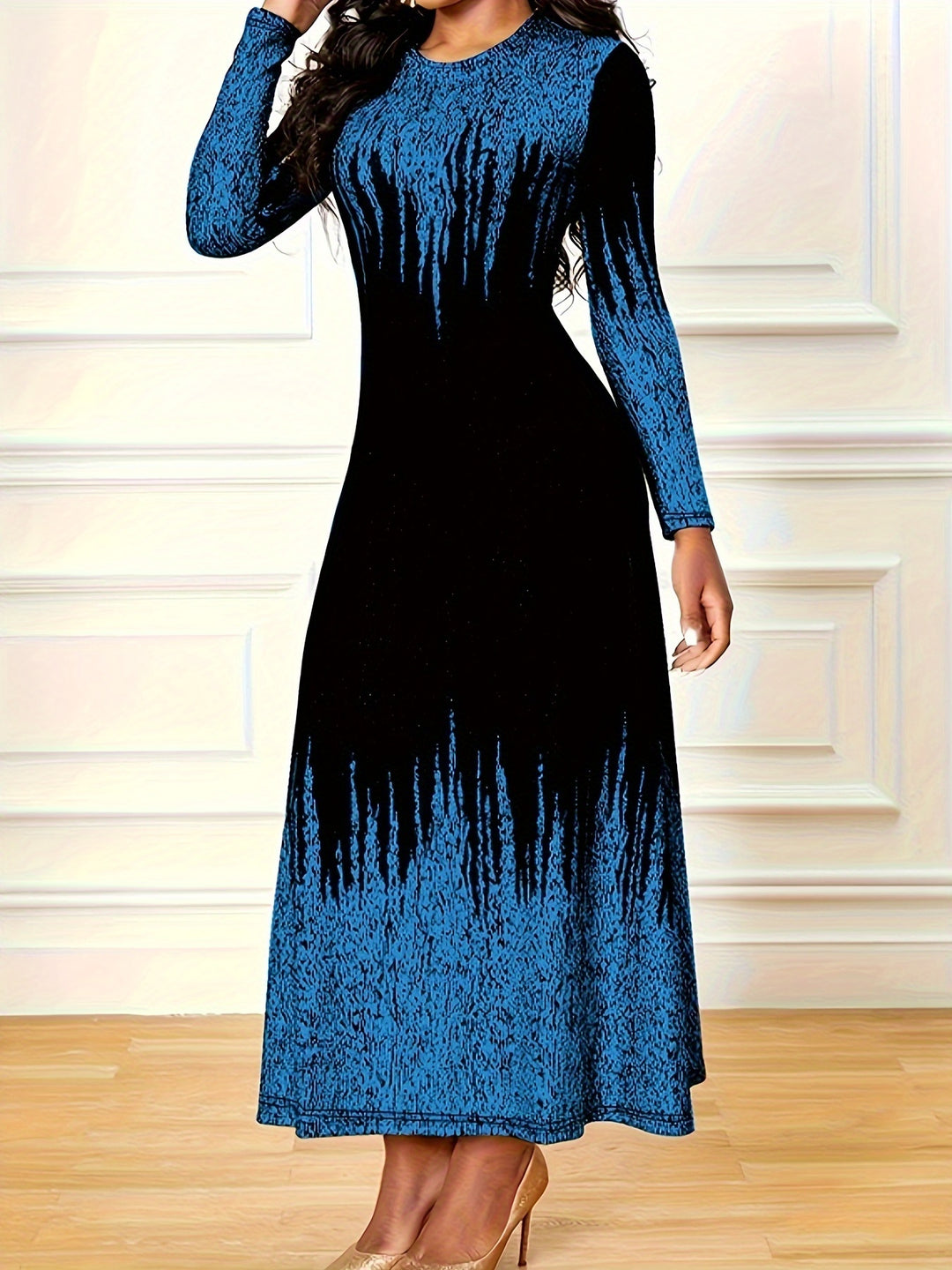 Stylish Plus Size Maxi Dress for Women - Colorblock Ombre Print and Long Sleeves
